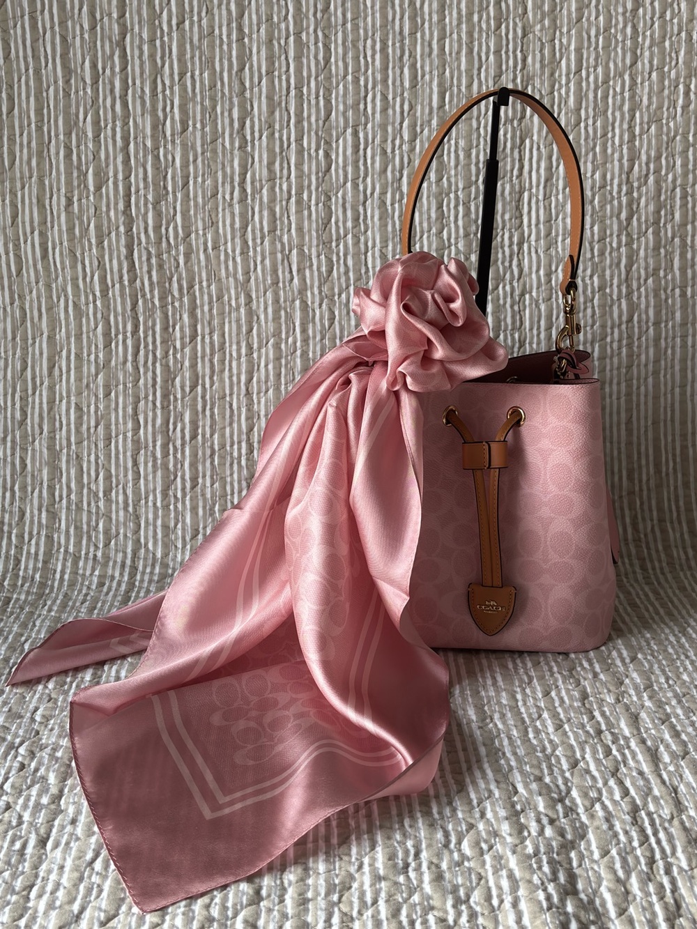 Coach Powder Pink Signature Print Silk Scarf